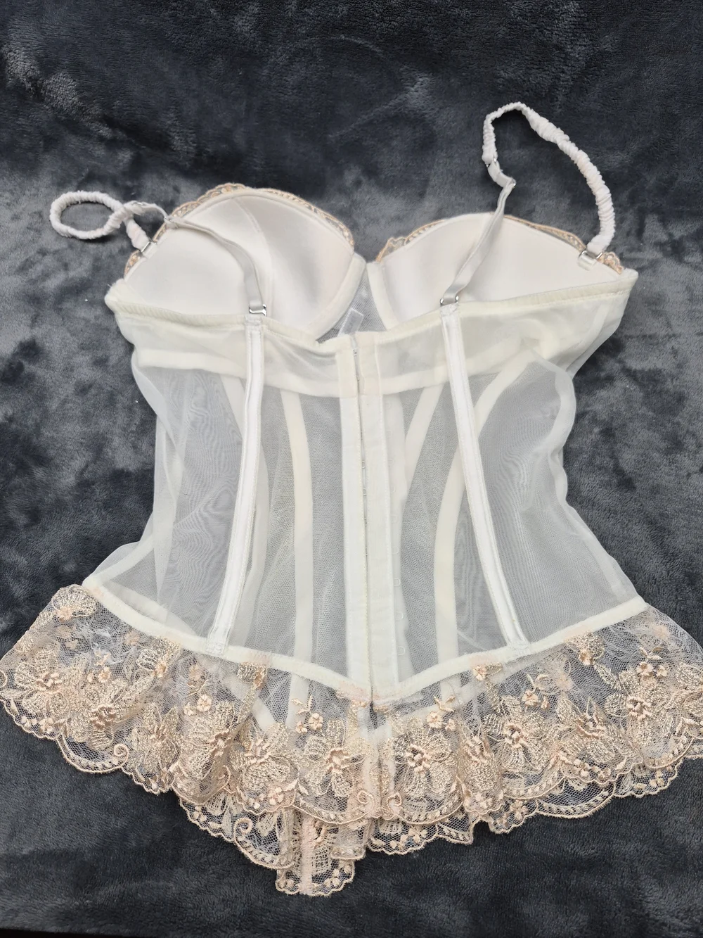 I do, Victoria Secret  34B Bridal Corset Mesh Panels Gold Floral Embroidered